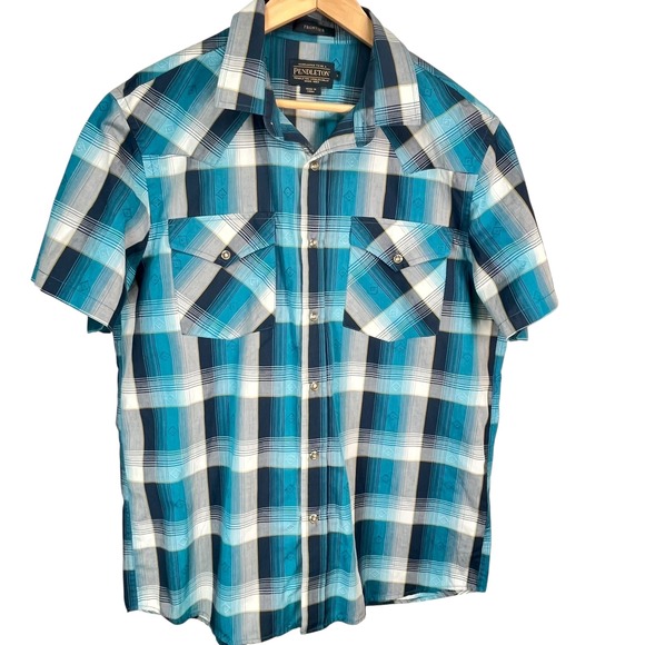 Pendleton Frontier Pearl Snap Plaid Western Shirt Blue Gray Cotton Blend Mens L - Picture 1 of 5